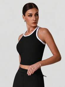Sodalemon Áo tank top tập luyện phối màu cho nữ, áo tank thể thao chạy bộ yoga lưng chữ I, áo vest fitness lưng racerback - màu đen - Xem 6