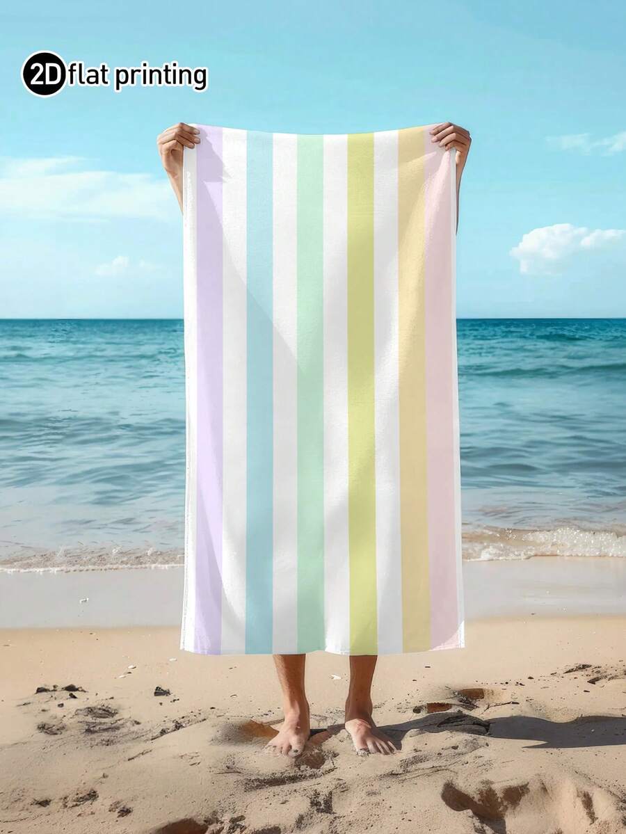 1件夏季款經典彩色條紋印花大尺寸沙灘浴巾，柔軟吸水，適合旅行、度假、多種運動、浴室、泳池及露營使用，旅行必備，高吸水材質 - 彩色 - 查看 1