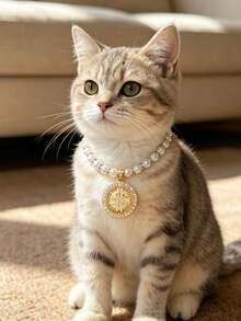 1pc Luxury Pearl Pet Necklace, Gold Coin Pendant Collar For Small Dogs Cats, Fashion Accessory Kawaii Aesthetic Pearl Pet Collar, Shiny Gold Coin Pendant Necklace For Dogs Cats, Pet Jewelry - Multicolor - View 4