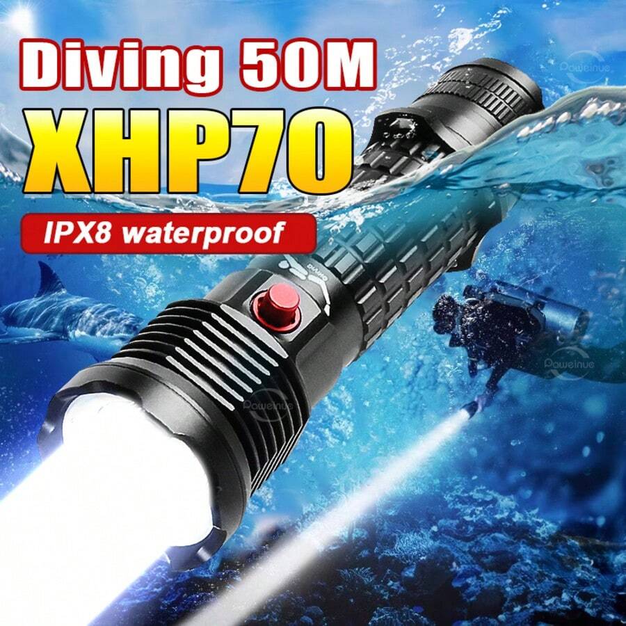 XHP70 专业潜水手电筒，IPX8 防水，50 米深度，强光束，适用于户外、夜钓、露营、应急照明