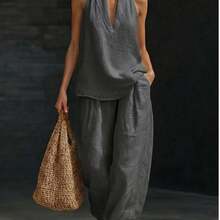 Women's Halter V-Neck Sleeveless 2-Piece Set, Solid Wide Leg Pants, Casual Lounge Co-Ord Outfit For Summer Vacation - 酒紅色 - 查看 11