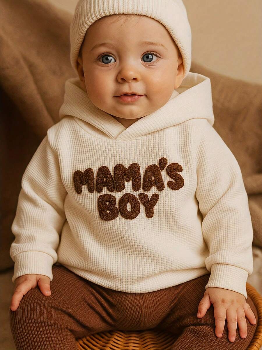 一件休闲时尚男婴华夫格针织“MAMA'S BOY”字母刺绣套头卫衣,情人节礼物 - 杏色 - 查看 1