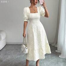 jianchaimaoyi02  Vestido elegante de manga abullonada de unicolor con estampado de margaritas en tejido jacquard y cintura ceñida para uso diario y vacaciones - Albaricoque - Ver 4