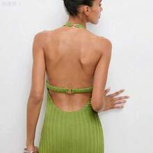 yonghongmaoyi1 Maija Vestido midi elegante para fiesta de mujer con diseño de espalda descubierta, corte en la cintura y cuello halter de unicolor - verde aguacate - Ver 5
