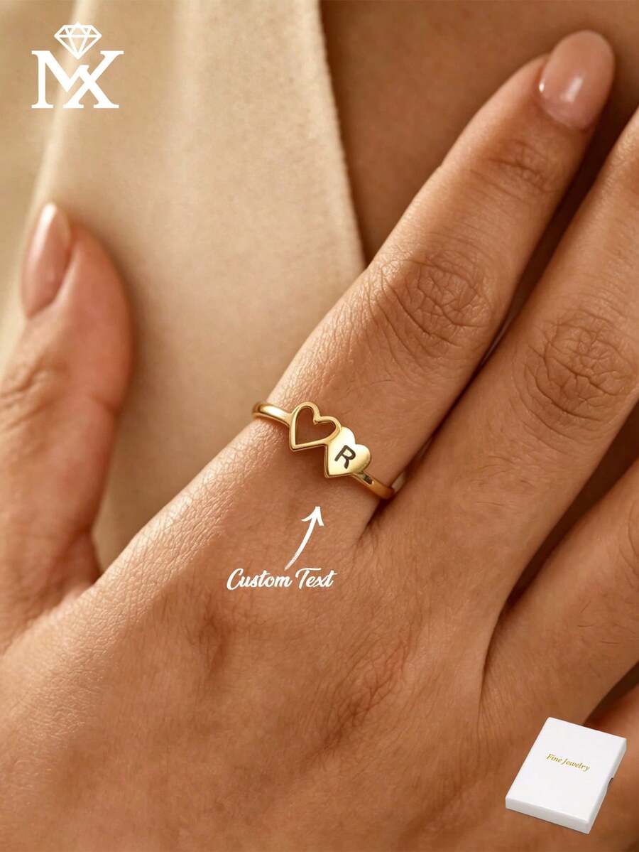 1pc Customized Initial Heart Ring, Couple Initial Ring, Customized Letter Ring, Thin Customized Ring, Stackable Engraved Ring, Anniversary Gift - Multicolor - View 1