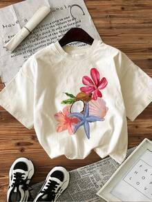 Minimalist. 100% Cotton. 1pac Women's Casual Short Sleeve Round Neck T-Shirt - Watercolor Starfish And Floral Print, Soft And Breathable, Relaxed Fit, Machine Washable, All-Season Comfort, Daily Outfit, Vibrant Pattern, Comfortable Material, Printed Top, Summer Wardrobe. Spring Summer Top - 白色 - 查看 1