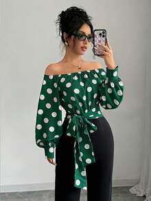 Elegant Women's Off-Shoulder Blouse With Polka Dots And Front Bow - Puff Sleeves, Round Neck, White, Machine Washable, Ideal For Casual Or Semi-Formal Wear In All Seasons - 深綠色 - 查看 3