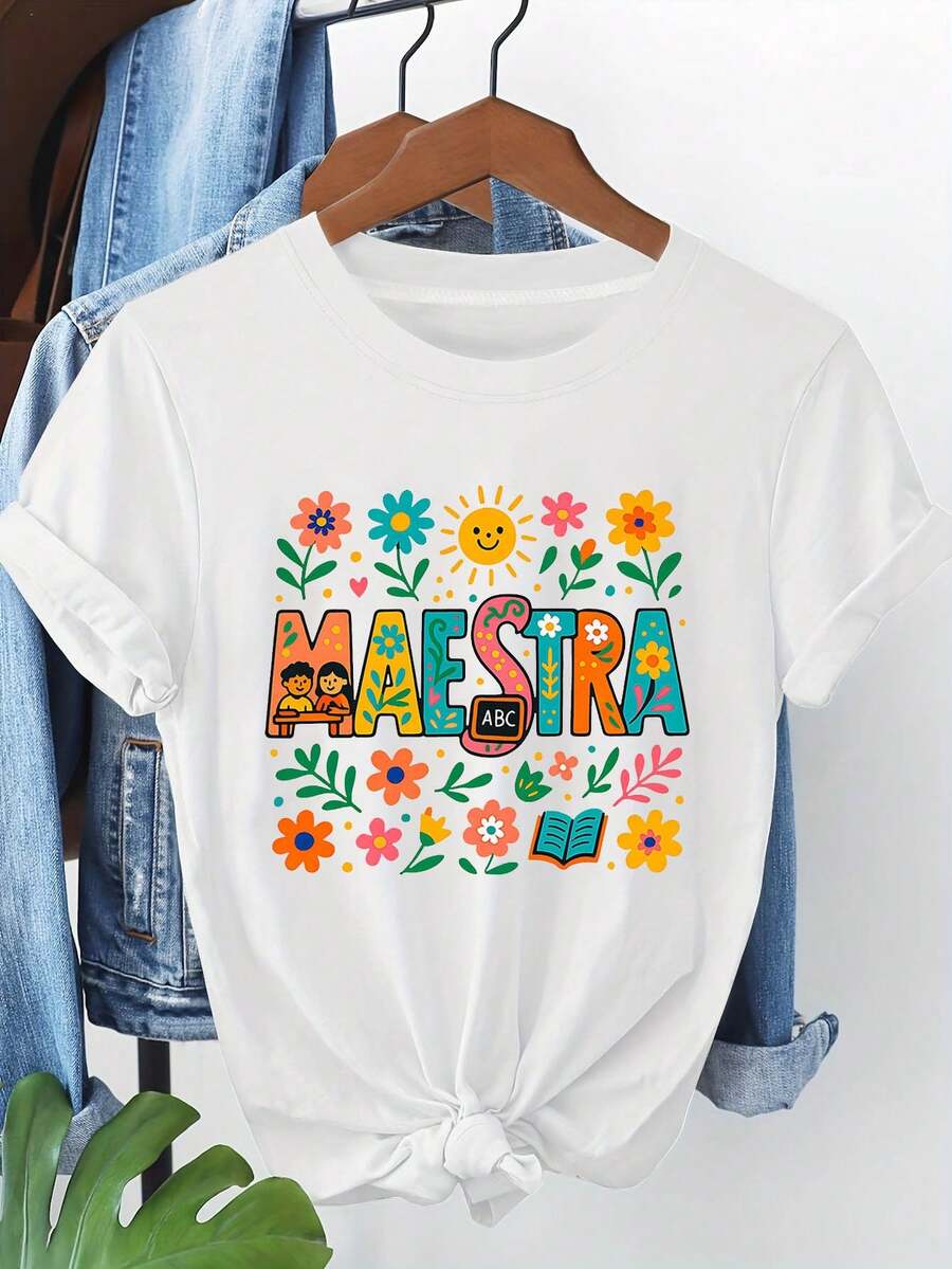 2026 Plus Size Women's Crew Neck Printed T-Shirt, Casual Short Sleeve Teacher Themed Colorful Print Tee For Spring - Summer, Daily Campus Wear, Daily Outing, Holiday Gift, 100% Cotton 2026 - 白色 - 查看 1