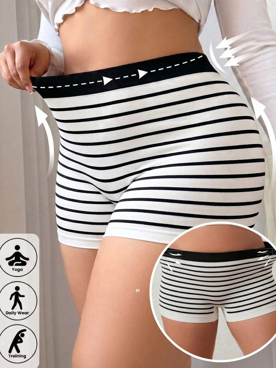 大尺碼女款條紋男孩短褲內褲 黑白螺紋面料 高腰舒適貼身 透氣日常內著 休閒居家曲線內褲 - 黑色 - 查看 1