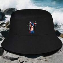 Labor Day Bucket Hat - American And Hammer Pattern - Black With Red/Blue Trim - Non-Stretch Fabric - Washable - Suitable Construction - Black - View 2