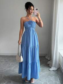 YkhahaElenzga Vestido de playa largo a rayas con decoración de flores 3D para mujeres, Verano 2025Ykhaha - Azul y blanco - Ver 1