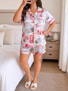 2 Pieces Plus-Size Women's Pajama Set, Featuring A Disney Princess Print Collared Pajama Top And Shorts, Casual Loungewear. - Multicolor - View 3
