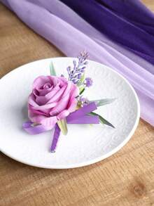 1pc/6pcs Premium Purple Princess Rose With Purple Wheat Ear And Purple Baby's Breath Mori Style Elegant Corsage Suitable For Groom, Bride, Groomsman, Bridesmaid, Wedding, Marriage, Engagement Decoration, Evening Party, Ball, Graduation Season, Back To School Season, Party Events - Mauve Purple - View 3