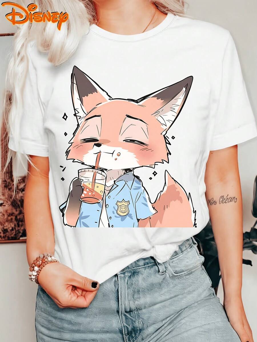 Disney Zootopia Nick Wilde Fox Drink Bubble Tea Cartoon 100% Cotton Crew Neck Short Sleeve Kawaii Graphic Tee For Women Casual Daily Shirts Gift - White - View 1