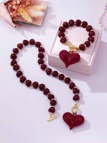 2pcs/Set Fashionable Red Beaded Heart Necklace And Bracelet, Suitable For Women's Daily Wear, Party, Gift - Burgundy - View 3