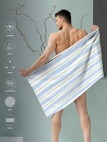 1 pièce, style d'été, imprimé rayé bleu clair et blanc, serviette de plage, grande serviette de plage, serviette de bain de plage rayée douce et absorbante, parfaite pour les voyages, les vacances, les serviettes de sports variés, les serviettes de bain de salle de bain, l'utilisation à la piscine et au camping, accessoire de voyage essentiel, matériau hautement absorbant - Multicolore - Voir 3