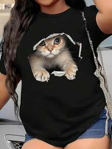 PremiumWo Black T-Shirt, Adorable Ginger And White Peeking Design, Soft Crew Neck, Casual Summer Top For Everyday Wear, Washable, Loose And Comfortable, Stylish Design, Wo's Short Sleeve T-Shirt, A Hit - 黑色 - 查看 1