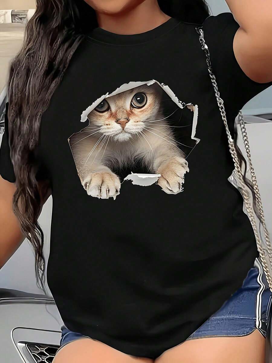 PremiumWo Black T-Shirt, Adorable Ginger And White Peeking Design, Soft Crew Neck, Casual Summer Top For Everyday Wear, Washable, Loose And Comfortable, Stylish Design, Wo's Short Sleeve T-Shirt, A Hit - 黑色 - 查看 1