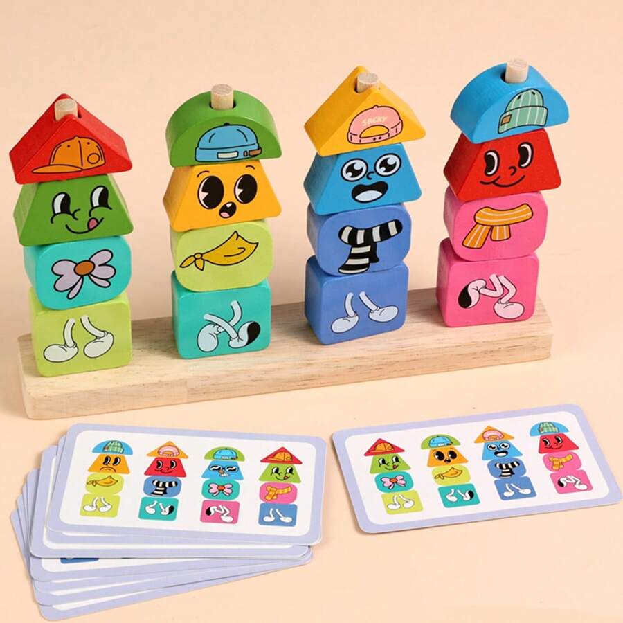 Wooden Expression Face Stacking Blocks With Geometric Shape Matching Challenge Cards, Tabletop Game, Expression Blocks Stacking Game, Children's Early Education Educational Puzzle Stacking Toy, Toddler Focus And Observation Training Educational Toy, Children's Birthday Holiday Gift