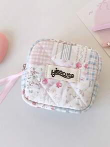 1Pc Kawaii Quilted Mini Storage Pouch With Lace-Up, Floral Bow Print Cosmetic & Sanitary Pad Bag, Portable Travel Organizer For Small Items - Multicolor - View 15