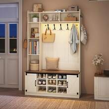 HaluPeit 47.2" Hall Tree, LED Farmhouse Entryway Storage And Coat Rack Wood, Entryway Furniture With 7 Hooks, Hall Tree With Bench And Storage, 6 Storages Partitions Shoe Bench, Rustic White - White - View 4