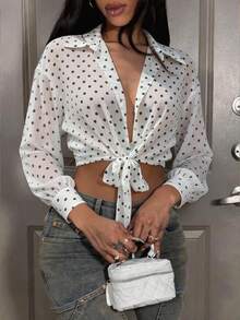 1 pieza Camisa de manga larga casual con lunares de gasa semitransparente y lazo, para fiesta y uso diario, blanca de verano - Blanco - Ver 5