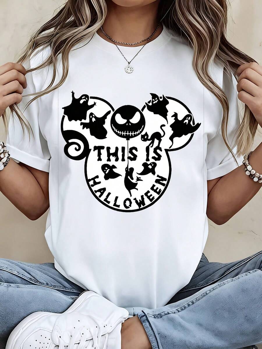 Disney Mickey Mouse Style  T Shirt Black This Is Halloween Jack Skellington And Ghosts Print For Halloween Party - 白色 - 查看 1