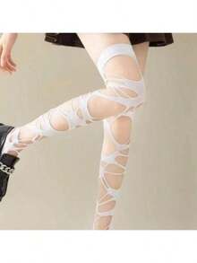 Gothic Punk Ripped Asymmetrical Sexy Fishnet Tights, Lolita Spider Web Thigh High Socks For Women Christmas Gift - one-size - View 7