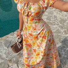 xuehuamaoyi02  Vestido largo con cuello cuadrado, mangas abultadas y fruncido, estilo coreano, con estampado floral naranja, para mujer. Vestido largo y ajustado, ideal para vacaciones, uso diario y streetwear de verano. - Rosa - Ver 4