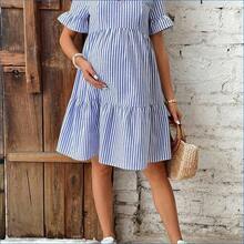 HENG
  Vestido de enfermería con cuello en V, manga corta con volantes, estampado floral y lazo, a rayas, informal, adecuado para la playa y vacaciones, para maternidad - Azul y blanco - Ver 6