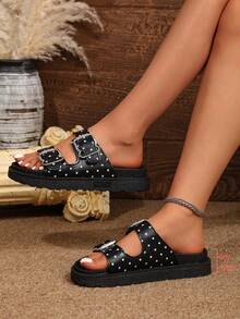 Polka Dot Double Buckle Platform Wedge Sandals, Women's Thick Bottom Casual Slip-On Slippers, Beach, Suitable For Daily Wear - Polka Dot Black - View 7