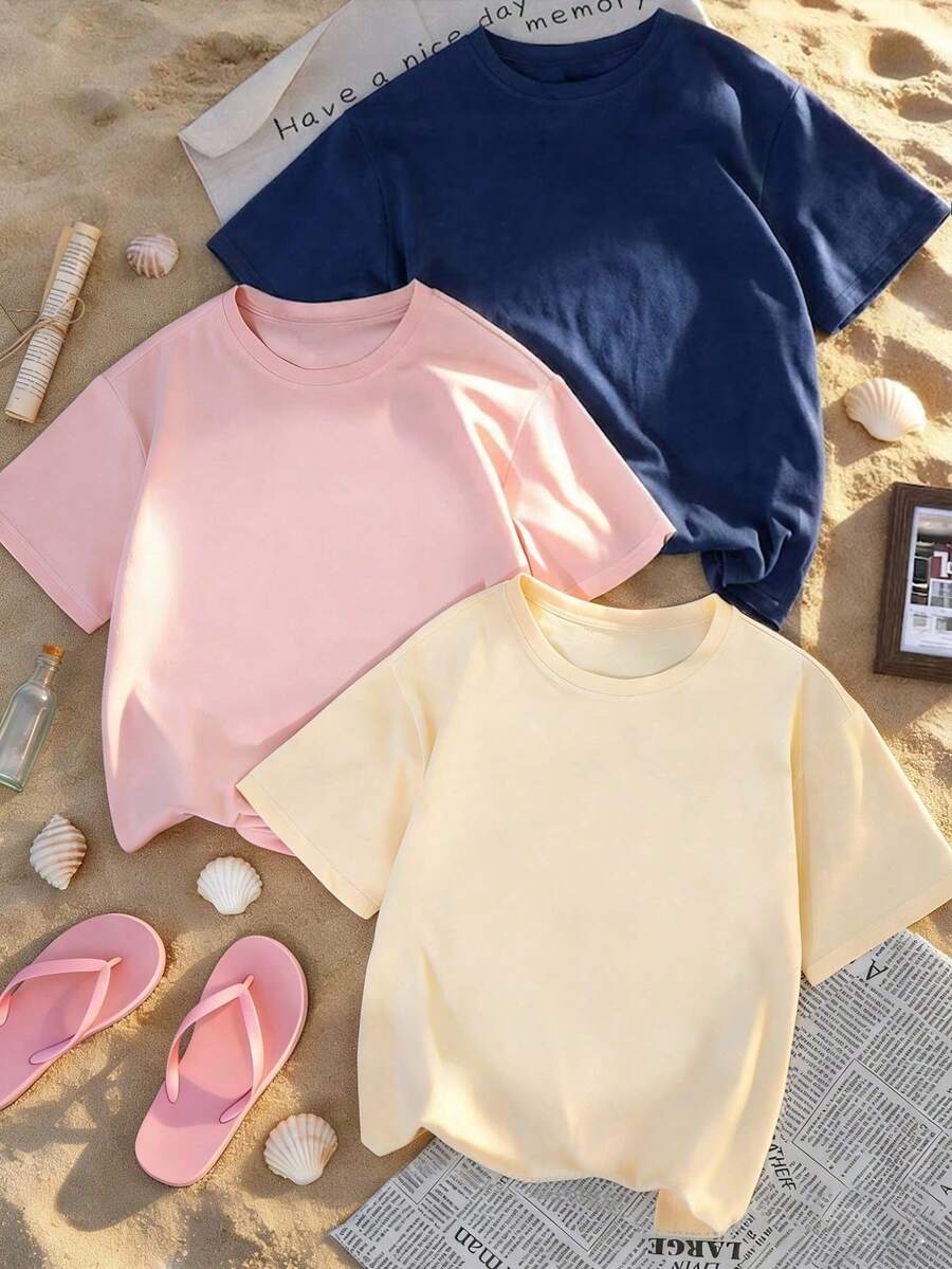 Set Of 3 Minimalist And Casual Summer Short-Sleeved Crew Neck T-Shirts, Versatile And Fashionable Tops For Women - Navy Blue, Pink and Apricot - View 1
