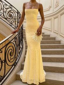 Elegant Charming Wedding Party Holiday Date Spaghetti Strap Dress, Elegant Dress Women, Elegant Dresses For Party, Wedding Guest Dresses, Summer Dresses For Women - Yellow - View 4