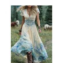 Boho Floral Embroidered Maxi Dress - V-Neck Lace Trim Short Sleeve Tiered Skirt, Perfect For Cottagecore & Garden Events, Romantic Vintage Style,Women's Dress, Women's Jumpsuit - SJWVLDX-K-5 - 查看 11