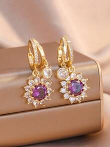 2pcs/Set Fashion Personalized Shiny Zirconia Purple Sunflower Pendant Earrings, Elegant Violet Earrings, Gold Floral Double Pendant Design, Vivid Flower Shape, Transparent Sparkling , Combining Girly Charm And Exquisite Luxury, Suitable For Earring Layering, Daily Commute, Dating, Gift Giving, Spring Outfit, Gift Choice For Girls - Sunflower - View 2