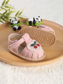 1 Pair Girls Heart Embroidery Cherry Hook And Loop Design Baby Toddler Sandals, Spring Autumn Summer - Pink - View 2