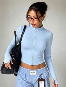 Women's Solid Color Stand Collar Zip-Up Long Sleeve Thumb Hole Minimalist Stylish Sports Jacket - Baby Blue - View 3