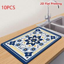 1/10pcs Blue And White Dish Drying Mat For Kitchen Counter, Vintage Flowers Printed Placemat For Espresso Machine, Home Decoration, Non-Slip Rubber Backed, Hide Stain Kitchen Super Absorbent Draining Mat, Easy To Clean Dish Rack Pad - Blue - View 12