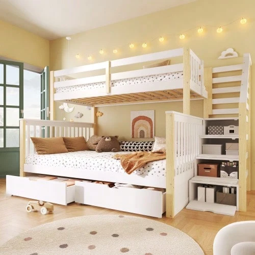 Loft Bed, 90 X 200 Over 140 X 200 Bunk Bed With Drawers, Storage Space, Without Mattress, Multifunctional, White+Natural - 白色 - 查看 1