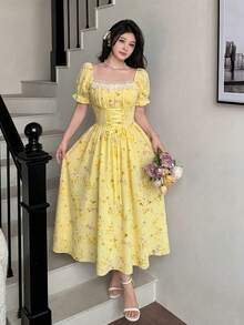 Elegant Long-Sleeved Dress With A Lace Collar And Fitted Hem, Featuring A Charming And Romantic Floral And Lace Design, Ideal For Holidays, Women's Dress - 彩色 - 查看 6