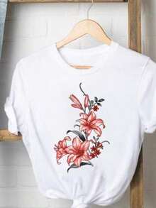 Graphic Print T-Shirts, Women's Casual Clothing, Love Letter Print T-Shirts, Cute And Popular Clothing, Fashionable Short Sleeve Crew Neck T-Shirts - 白色 4 - 查看 1