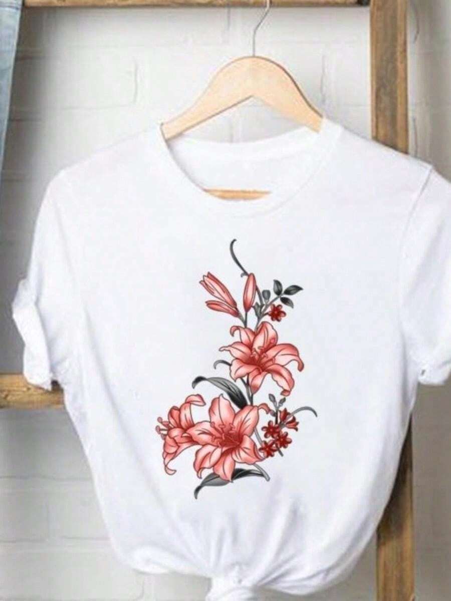 Graphic Print T-Shirts, Women's Casual Clothing, Love Letter Print T-Shirts, Cute And Popular Clothing, Fashionable Short Sleeve Crew Neck T-Shirts - 白色 4 - 查看 1