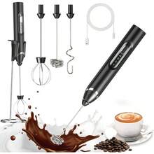 Espumador de Leche 6 en 1 con Base de Soporte, Espumador Elctrico Recargable con 3 Cabezales de Acero Inoxidable y 3 Velocidades, Batidora de Cafe para Latte, Capuchino, Caf - Negro - Ver 1