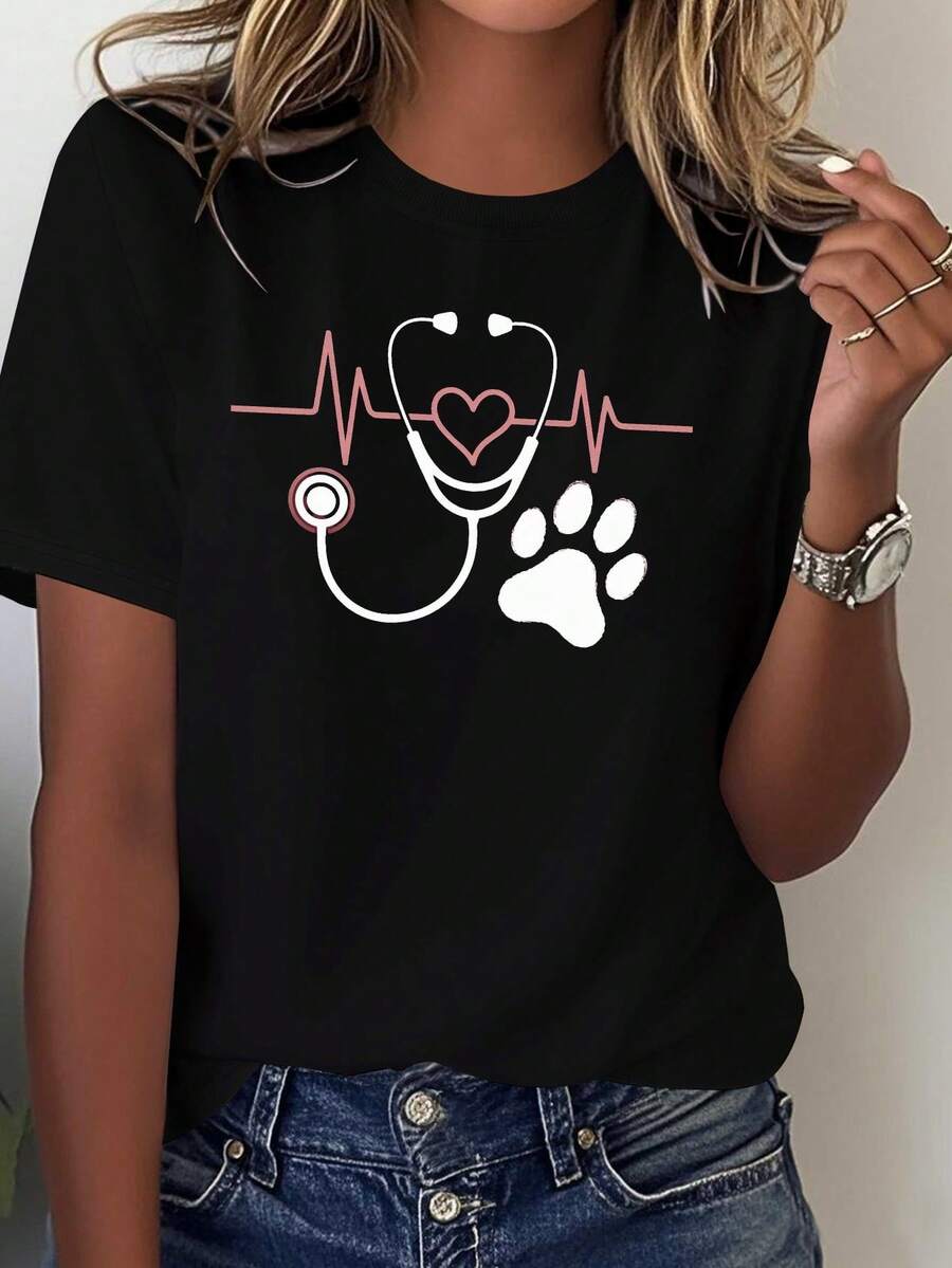 1 Women's Veterinary Technician T-Shirt - Exclusive Stethoscope And Paw Print Design, With ECG Line, Stethoscope Print On Chest, Casual Nursing Apparel, Suitable For All Seasons (Black/White/Pink) Printed T-Shirt - 黑色 - 查看 1