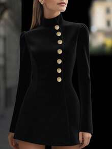 Vestido corto de manga corta, cuello alto, botones simples, de color liso, elegante y favorecedor para la figura - Negro - Ver 2