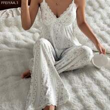 MewMuse.  Conjunto de pijama de pierna ancha con encaje de contraste floral romántico para mujer - Amarillo - Ver 4
