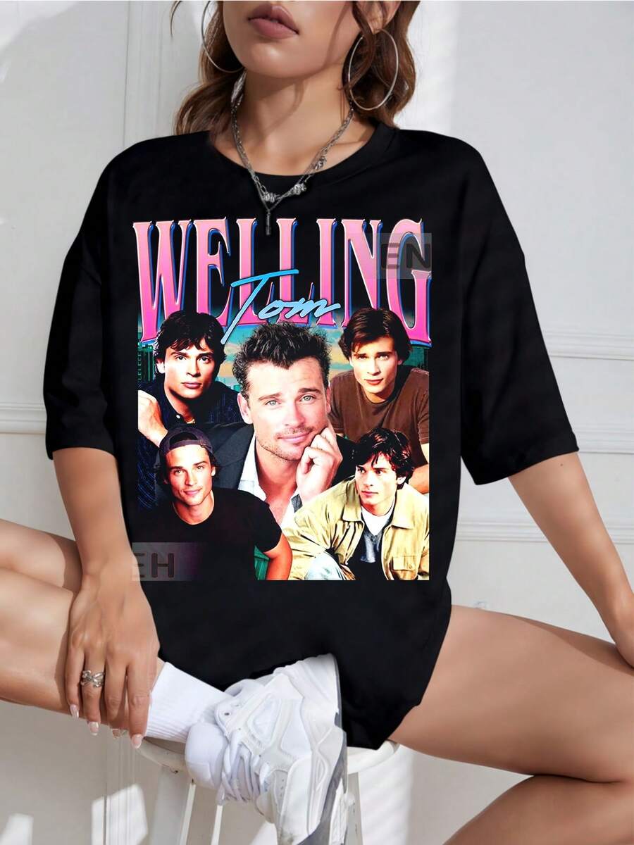 Vintage Tom Welling T-Shirt_ Unisex Retro 90s Tee, New For 2026, Tom Welling Smallville T-Shirt, Retro 90s Bootleg Graphic Tee, Unisex Plus Sizes Available, Fan Merchandise, Casual Aesthetic Pink Lightning Bolt Top - 黑色 - 查看 1