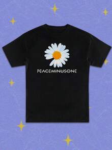 Peace Minus One Women's Daisy Print T-Shirt - Casual Black Short Sleeve Crew Neck Floral Print T-Shirt, Machine Washable, All Seasons Top - 黑色 - 查看 1