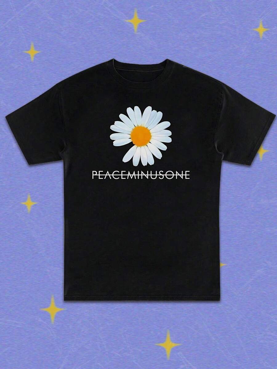 Peace Minus One Women's Daisy Print T-Shirt - Casual Black Short Sleeve Crew Neck Floral Print T-Shirt, Machine Washable, All Seasons Top - 黑色 - 查看 1