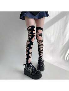 Gothic Punk Ripped Asymmetrical Sexy Fishnet Tights, Lolita Spider Web Thigh High Socks For Women Christmas Gift - one-size - View 11